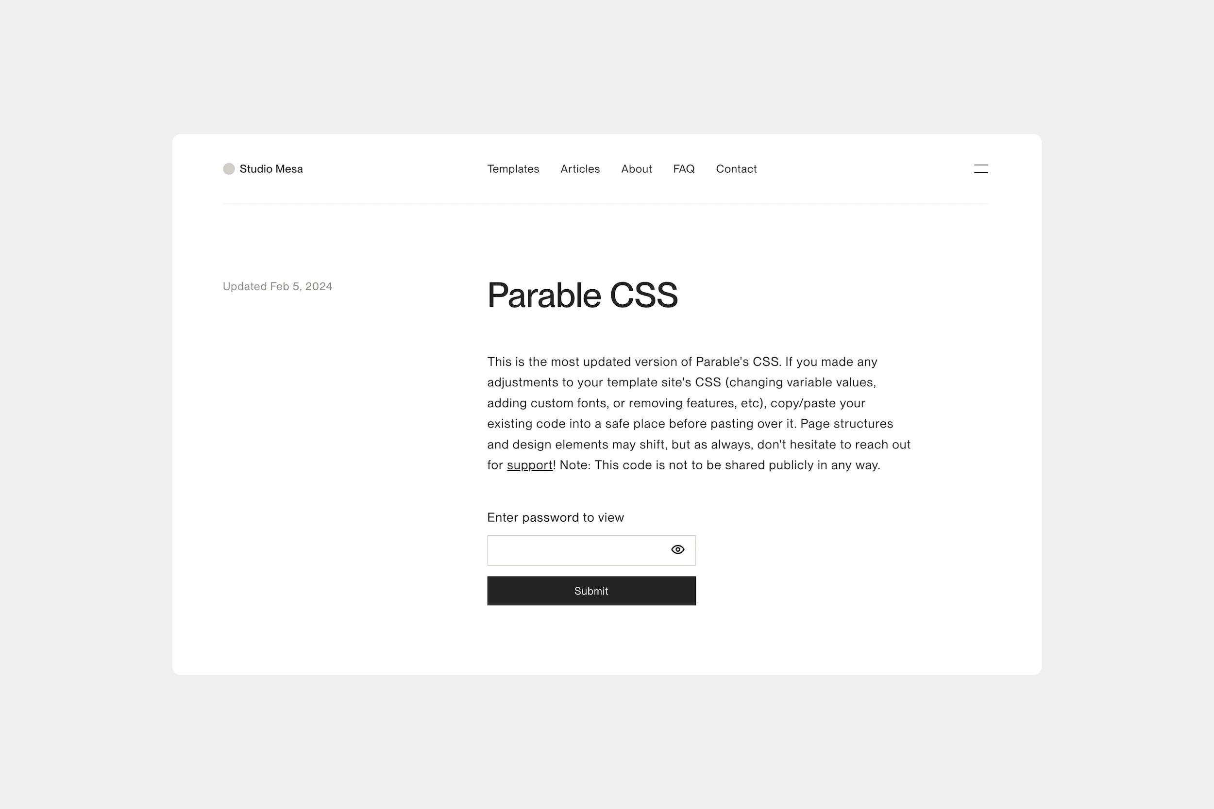 Password-protected code block on the Studio Mesa site.