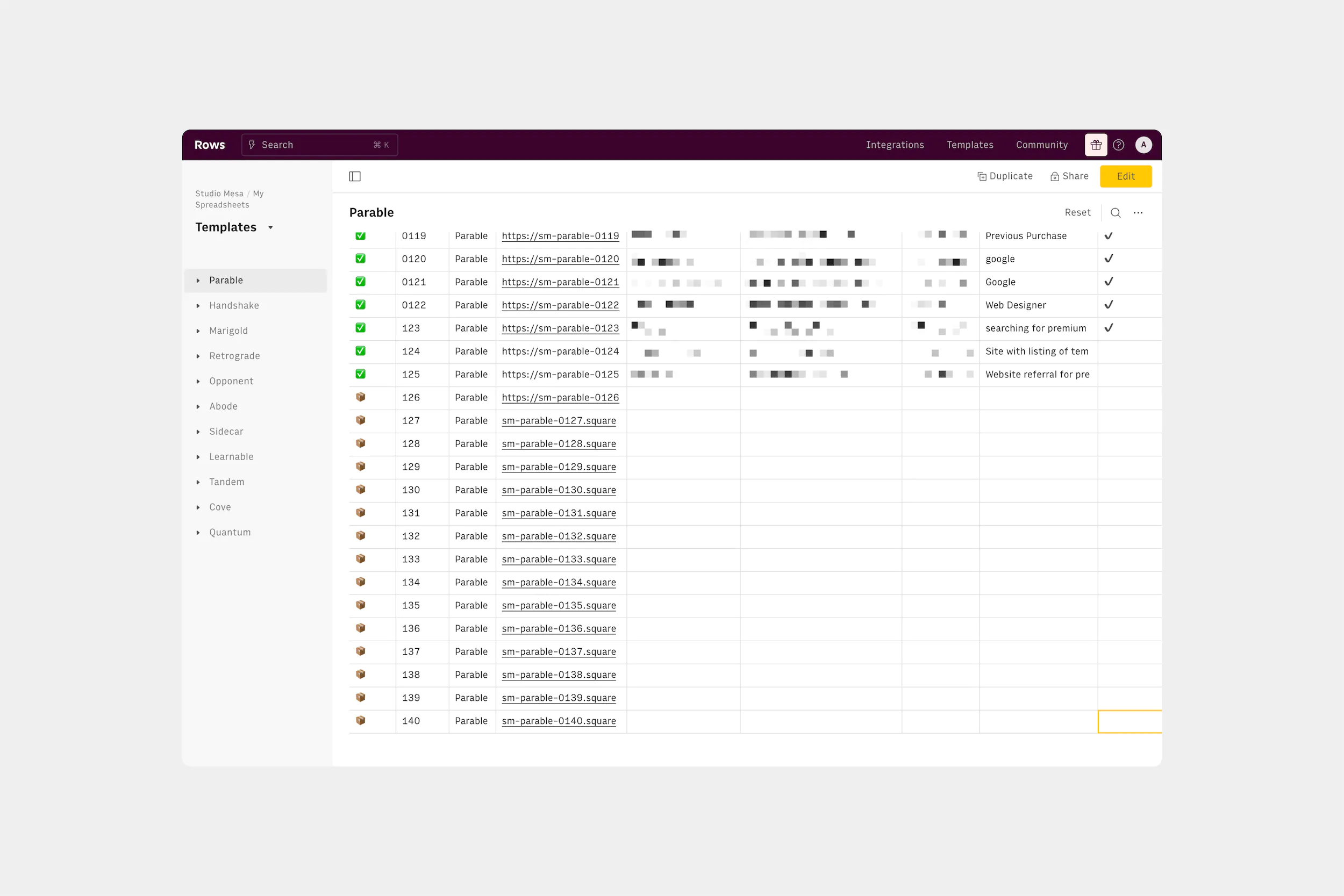 My simple Squarespace "inventory" spreadsheet in Rows.